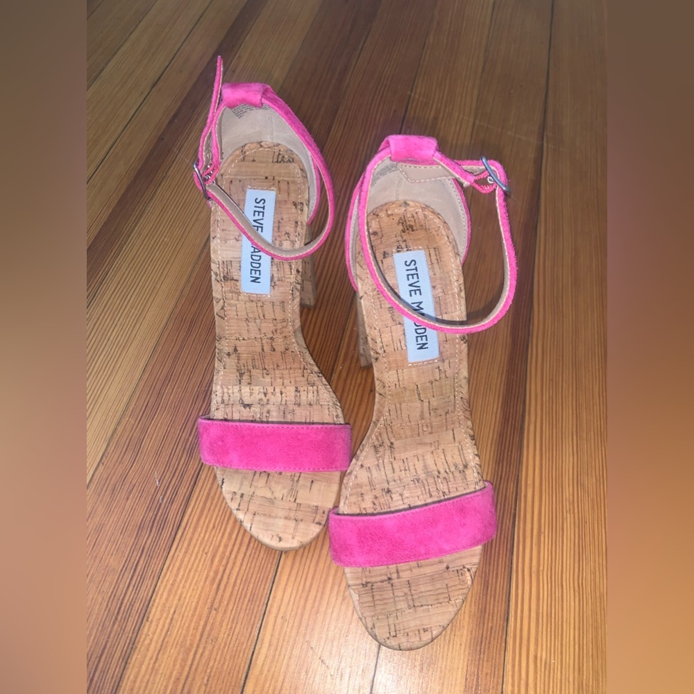 Steve Madden Suede Cork Heel Strapy Sandals pink